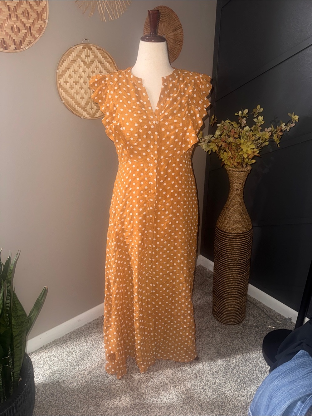 Hayden Mustard Polka Dot Ruffle Sleeve Maxi Dress cottagecore chic brunch